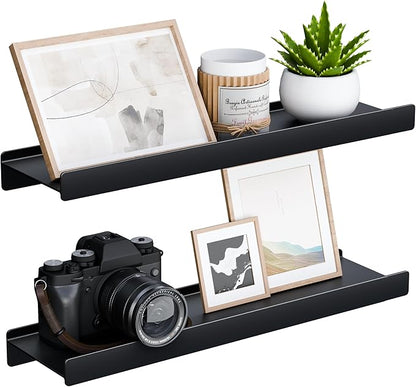 Small Shelves for Wall, Metal Floating Shelves Wall Mounted with Lip for Storage No Wobble, Heavy Duty Wall Shelves for Bathroom/Kitchen/Bedroom/Small Spaces, Black 16 inch 2 Pack