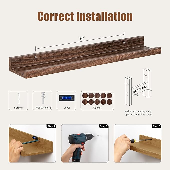 Heimlove 24 inch Picture Ledge Shelf Set of 8,Long Floating Shelves for Wall,Walnut Picture Shelf with Lip for Wall Decor,Living Room Bedroom Bookshelf Photo Frames Nursery Book Shelves for Storage