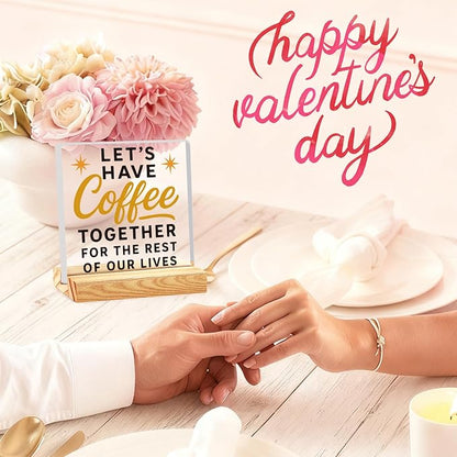 Rustic Valentines Desk Decor for Coffee Bar Porch Tiered Tray, Happy Valentine's Day Home Office Table Sign for Shelf Party, Let's Have Coffee Together
