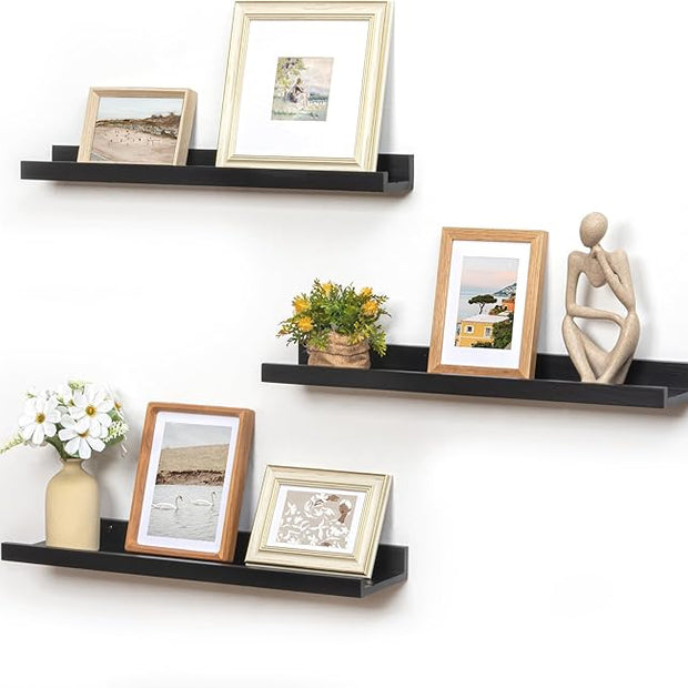 Picture Ledge Wall Shelves 24 inches Width Set of 3, Solid Pine Wood Rustic Floating Ledge Shelves for Kids' Room Bedroom Kitchen Bathroom Living Room Nursery Display Wall Decor, Black