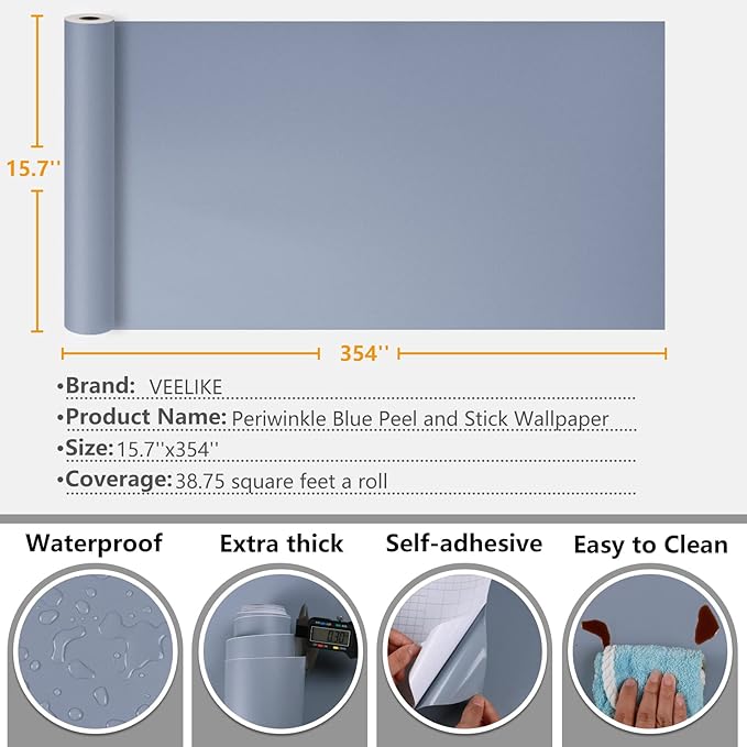 VEELIKE Periwinkle Blue Peel and Stick Wallpaper for Bedroom Blue Contact Paper for Cabinets Walls Countertops Waterproof 15.7''x354'' Self Adhesive Solid Blue Wall Paper Roll for Bathroom Shelf Liner