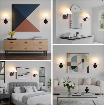 Rechargeable Battery Operated Wall Sconces Set of 2,Black Wall Lights with Remote,Dimmable Wall Lamp with Pleated Shades,15 Colors Wireless Bathroom Vanity Wall Light for Bedroom Living Room Hallway