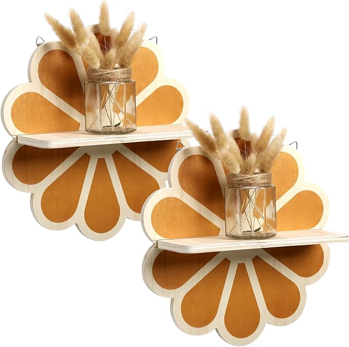 Tatuo 2 Pieces Boho Wooden Flower Wall Shelves Bohemian Holders Hanging Shelf for Living Room Bathroom Bedroom Office Nursery Wall Decor