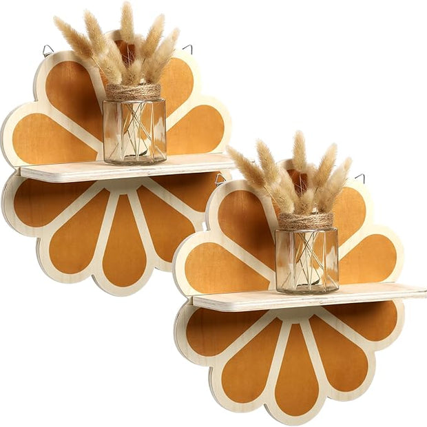 Tatuo 2 Pieces Boho Wooden Flower Wall Shelves Bohemian Holders Hanging Shelf for Living Room Bathroom Bedroom Office Nursery Wall Decor
