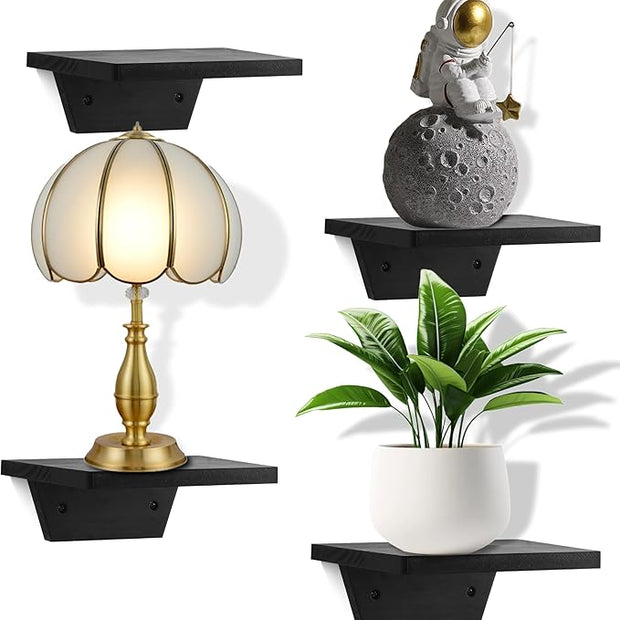 PHOENANCEE Small Floating Shelves,Speaker Shelf,Trapezoid Wall Shelf for Table Lamp Plants Display,Decorative Wood Ledges Chic for Living Room,Bedroom,Kitchen,Office,Pine,8x6 Inch,4 Pack(Black)