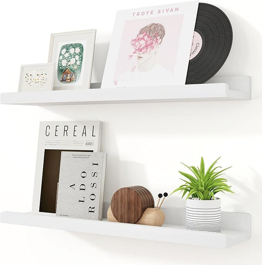 RICHFOCUS Floating Shelves for Wall, 24 inch Solid Wood Picture Ledge Shelf for Wall Storage, Nursery Book Shelves with Lip for Living Room Bathroom Bedroom Kitchen, Set of 2, Washed White