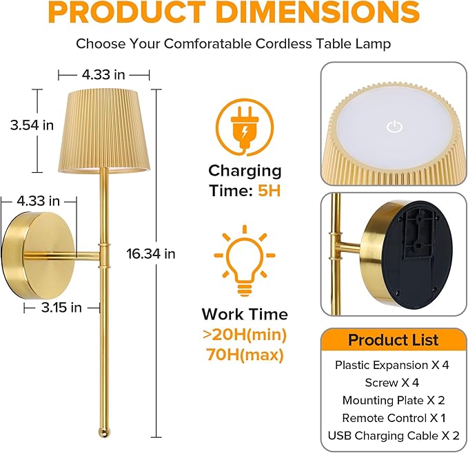 LUTEC Cordless Wall Sconces Set of 2, 5200mAh Wireless Rechargeable Battery Operated LED Wall Lamps, 3 Color Stepless Dimming Portables Lightings for Wall Painting/Living Room/Bedroom/Hallway Decor