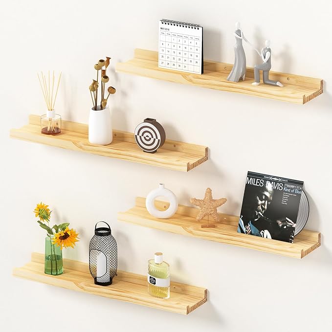 Picture Ledge Shelf, 16 inch Solid Pine Wood Floating Shelves, Floating Book Shelves for Living Room Bedroom Kitchen Decor, Natural Unfinished, No Stain, DIY, Set of 4 (Maple Wood, 4Pack 16inch)