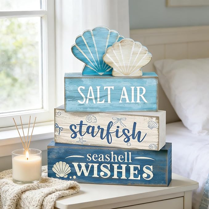 4 Pcs Coastal Summer Beach Tiered Tray Decor Rustic Wooden Nautical Centerpiece Set with Shell Starfish Farmhouse Style Beach Room Decor Summer Tiered Tray Decor