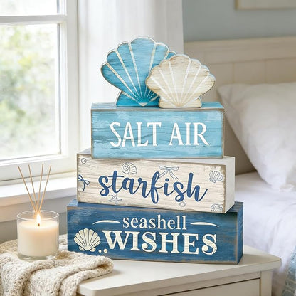 4 Pcs Coastal Summer Beach Tiered Tray Decor Rustic Wooden Nautical Centerpiece Set with Shell Starfish Farmhouse Style Beach Room Decor Summer Tiered Tray Decor