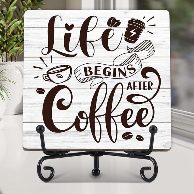 Coffee Bar Decor, Farmhouse Kitchen Table Decor, Coffee Station Accessories, Wooden Decorative Sign with Iron Stand for Table Desk Shelf Display-E21