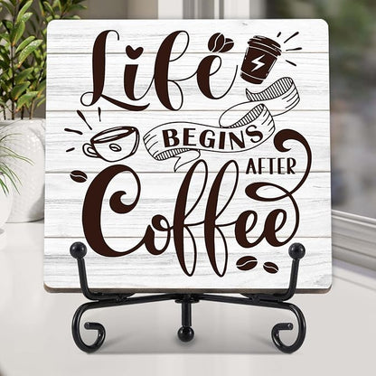 Coffee Bar Decor, Farmhouse Kitchen Table Decor, Coffee Station Accessories, Wooden Decorative Sign with Iron Stand for Table Desk Shelf Display-E21