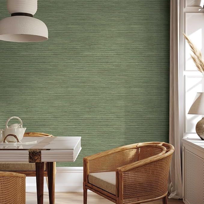 Tempaper Textured Green Horizontal Faux Grasscloth Removable Peel and Stick Wallpaper, 20.5 in X 16.5 ft, Made in The USA