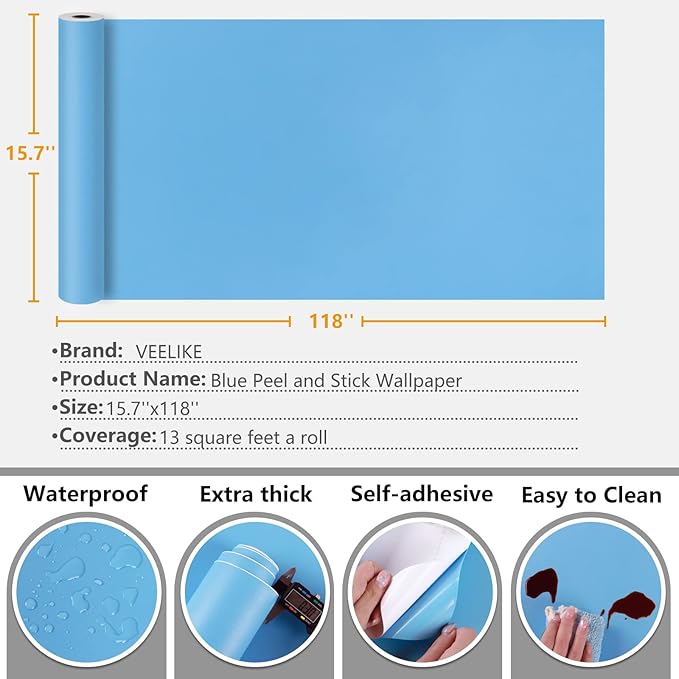 VEELIKE Light Blue Wallpaper Stick and Peel for Bedroom Kid's Room 15.7''x118'' Thick Removable Blue Contact Paper Waterproof Self Adhesive Blue Wall Paper for Bathroom Walls Cabinets Shelves Drawer