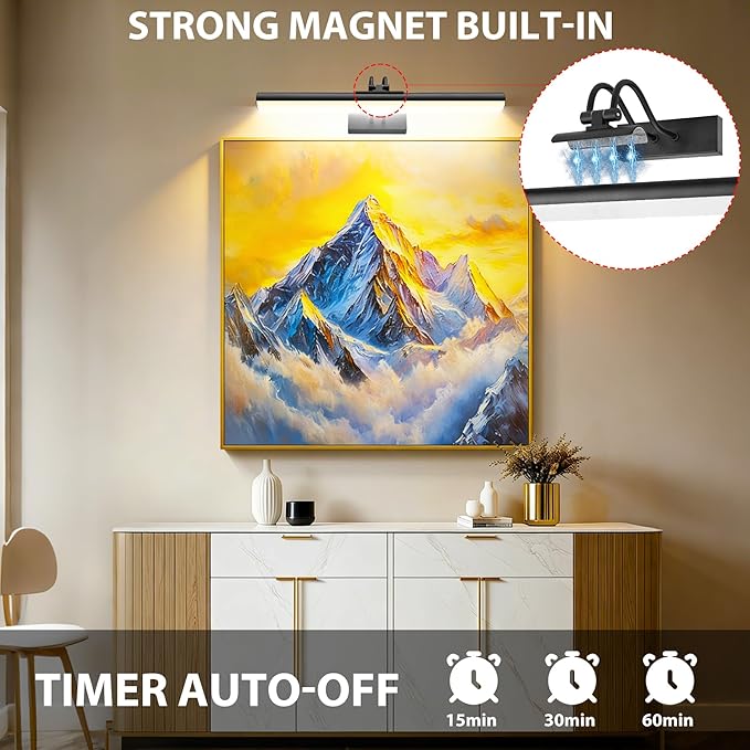 Picture Light,Wireless Art Light Stick-On,Magnetic Wall Light,Battery Accent Light with Timer and Dimmable for Painting,Frame,Portrait,Artwork-Black 16"