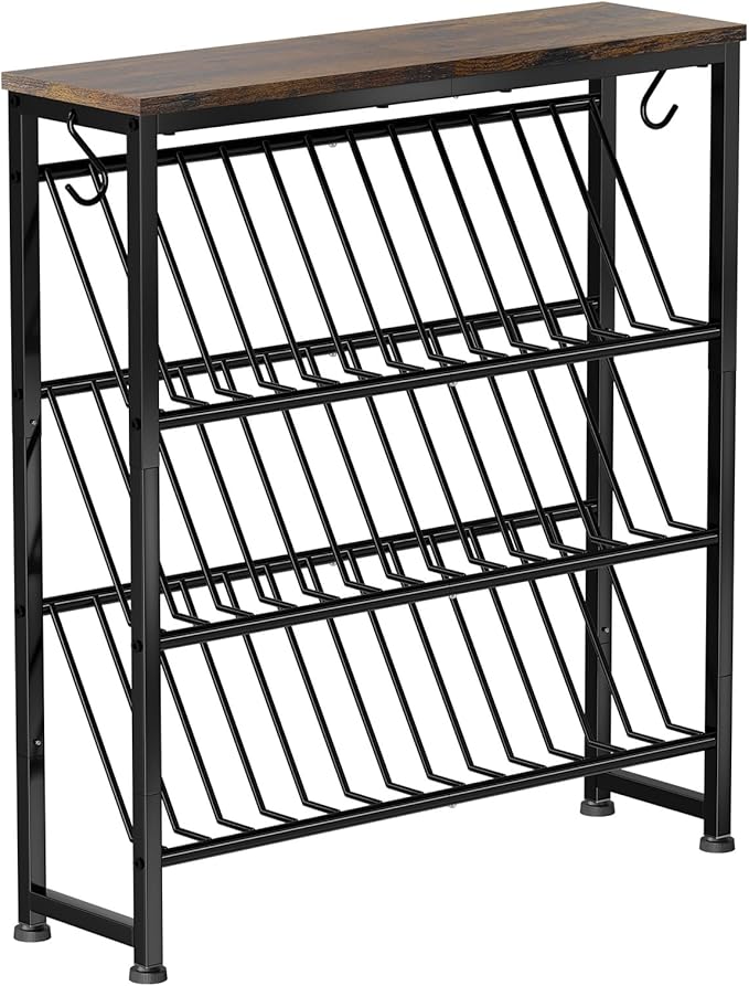 4 Tier Narrow Shoe Rack, Slanted Metal Shoe Organizer with Wooden Top and Metal Frame-Shoe Storage Shelf for Entryway, Closet, Rustic Brown and Black