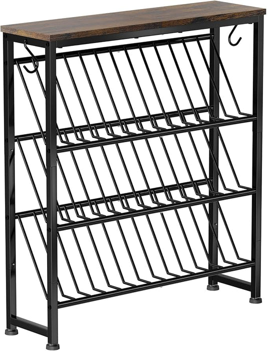 4 Tier Narrow Shoe Rack, Slanted Metal Shoe Organizer with Wooden Top and Metal Frame-Shoe Storage Shelf for Entryway, Closet, Rustic Brown and Black