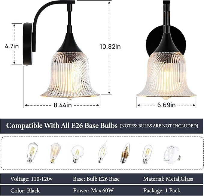1-Light Black Wall Light,Bathroom Wall Sconce Modern Sconce Light Indoor with Textured Glass Shade,Hardwired Wall Sconce for Living Room Hallway Bedroom Kitchen(E26