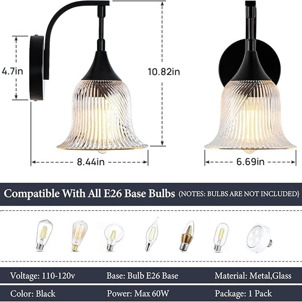 1-Light Black Wall Light,Bathroom Wall Sconce Modern Sconce Light Indoor with Textured Glass Shade,Hardwired Wall Sconce for Living Room Hallway Bedroom Kitchen(E26