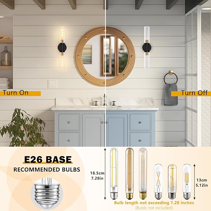 2-Light Bathroom Lighting Fixtures Over Mirror, Black and Gold Vanity Lights for Bathroom, Modern Sconces Wall Lighting with Clear Glass for Bathroom, Bedroom, Living Room (1-Pack)