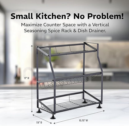 Epsilon 3-Tier Spice Rack and Dish Rack – Vertical Seasoning Organizer with Kitchen Shelf Storage for Efficient Spice Organization & Countertop Dish Drying
