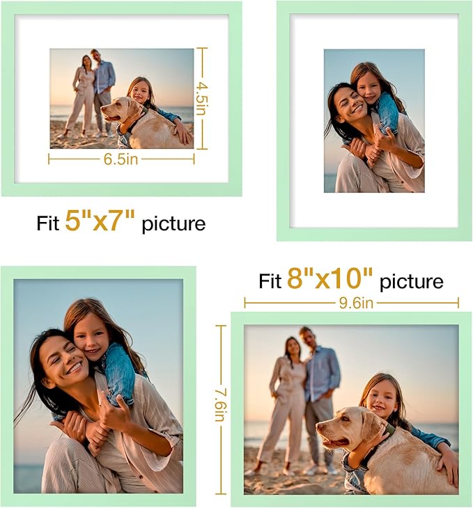 Vittanly 8x10 Picture Frames Set of 4, Display Pictures 5x7 with Mat or 8x10 without Mat, Gallery Wall Frame Set for Wall or Tabletop, Engineered Wood with Shatter Resistant Plexiglass, Light Green