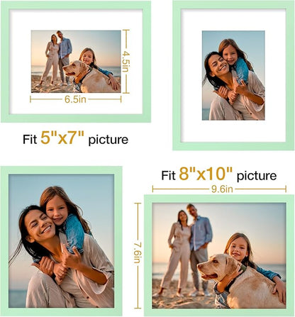 Vittanly 8x10 Picture Frames Set of 4, Display Pictures 5x7 with Mat or 8x10 without Mat, Gallery Wall Frame Set for Wall or Tabletop, Engineered Wood with Shatter Resistant Plexiglass, Light Green