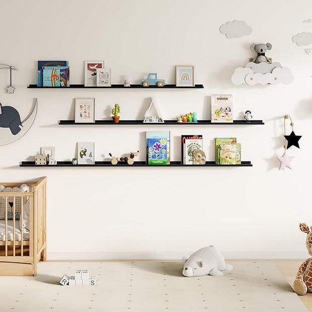 Fun Memories Picture Ledge Shelf, 40 Inch Floating Shelves Set of 2, Large Nursery Book Shelves for Toys Storage, Kids Bookshelf Wall Mounted for Wall Decor Books Photo Frames, Black