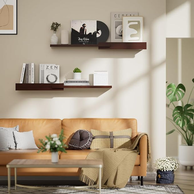 Floating Shelves for Wall, Set of 2 Rustic Wood 36 Inches Wall Mounted Shelves for Bathroom，Bedroom, Living Room &Kitchen, Heavy Duty Display Picture Ledge Shelf for Home Decor Storage Brown