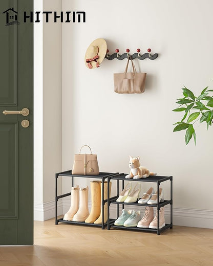 3 Tiers Small Shoe Rack,Narrow Stackable Shoe Shelf Organizer,Sturdy Shoe Stand, Non-Woven Fabric Metal Shoe Racks for Entryway, Doorway and Bedroom Closet