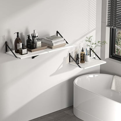 Heimlove White Deep Floating Shelves for Wall, 16W x 12D Wood Wall Shelves Set of 2, Wide Floating Bookshelf for Living Room, Kitchen, Office, Bedroom and Decor Storage, with Black Bracket - White