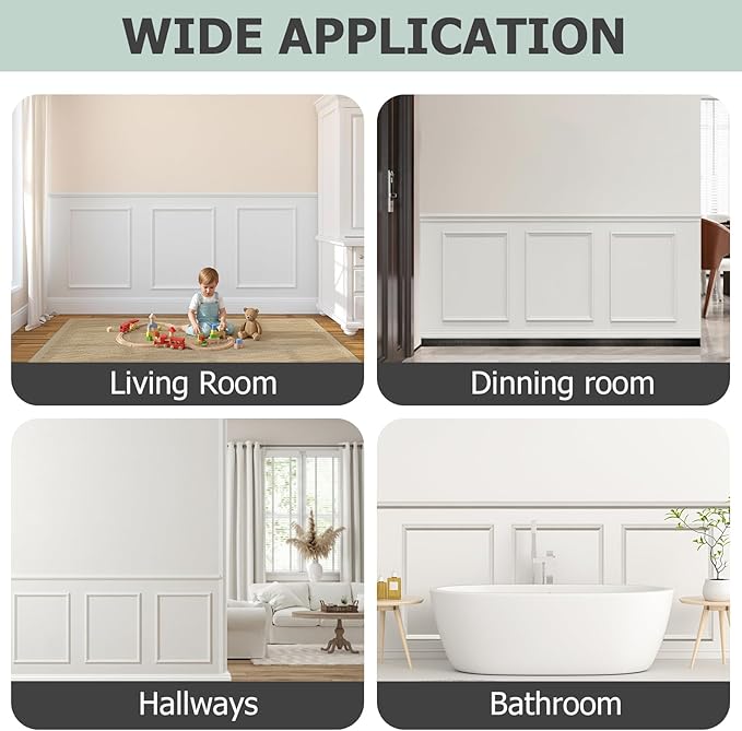 Peel and Stick Wainscoting Panels, 3 Set 20"x27" Wall Molding + 2pcs Chair Rail Trim, Pre-Cut Self Adhesive Premade Molding Panel for Bathroom Hallway Door Nursery Wall, Ready to Assemble