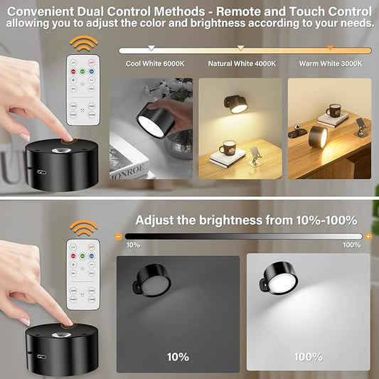 LED Wall Mounted Lights,Rechargeable Battery Operated Wall Sconce with Remote,3 Color Temperatures & Dimmable Magnetic 360° Rotation Cordless Wall Light for Bedside Reading,Bedroom,Closet,2 Pack