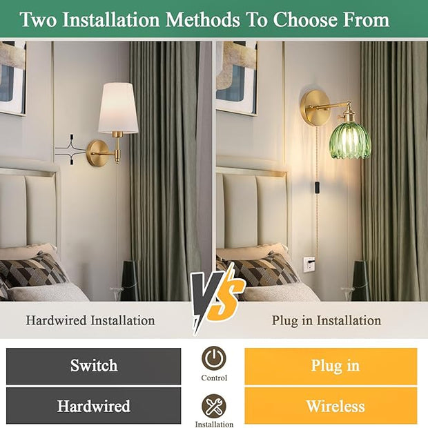 Plug-in Wall Sconce, Vintage Wall Decorative Lamp with Green Glass Shade, Indoor Plug-in Wall Sconce for Bedroom, Living Room, Hallway