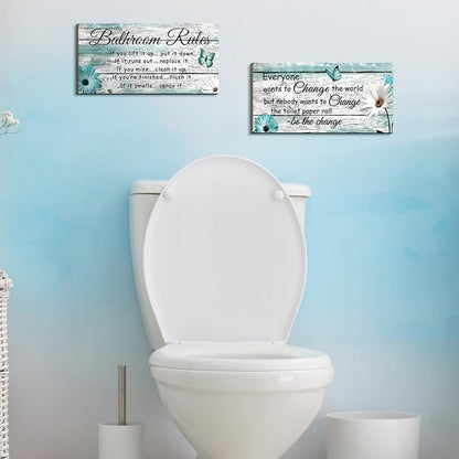 Jetec 2 Pieces Funny Bathroom Signs Bathroom Wall Decor Toilet Wall Accessories Farmhouse Toilet Rustic Wooden Signs, 12x6 Inch(Butterfly Style)