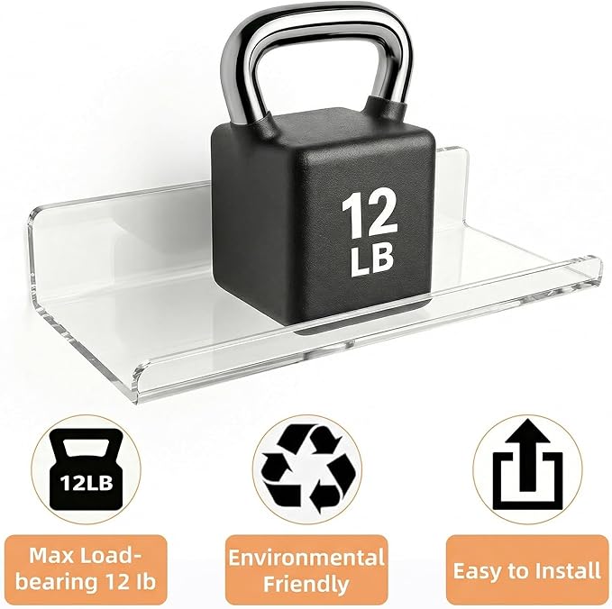 Acrylic Floating Shelves, Adhesive Wall Mount Command Shelves for Bathroom, Kitchen, Dorm - Renter-Friendly Easy Install Wall Shelves for Home Decor and Organization (Fully Clear-4 Pack)