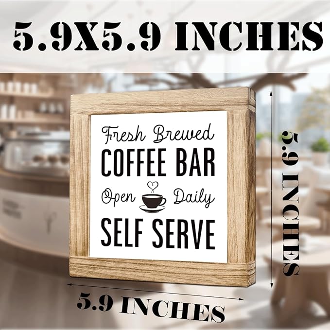 Vintage Coffee Bar Signs Fresh Brewed Coffee Bar Open Daily Self Serve Farmhouse Cafe Sign Wall Decor for Kitchen Home Office Rustic Coffees Style Decor Square Wood cafe Art 5.9x5.9 Inch