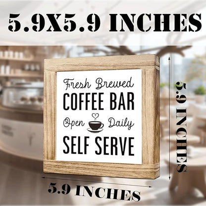 Vintage Coffee Bar Signs Fresh Brewed Coffee Bar Open Daily Self Serve Farmhouse Cafe Sign Wall Decor for Kitchen Home Office Rustic Coffees Style Decor Square Wood cafe Art 5.9x5.9 Inch