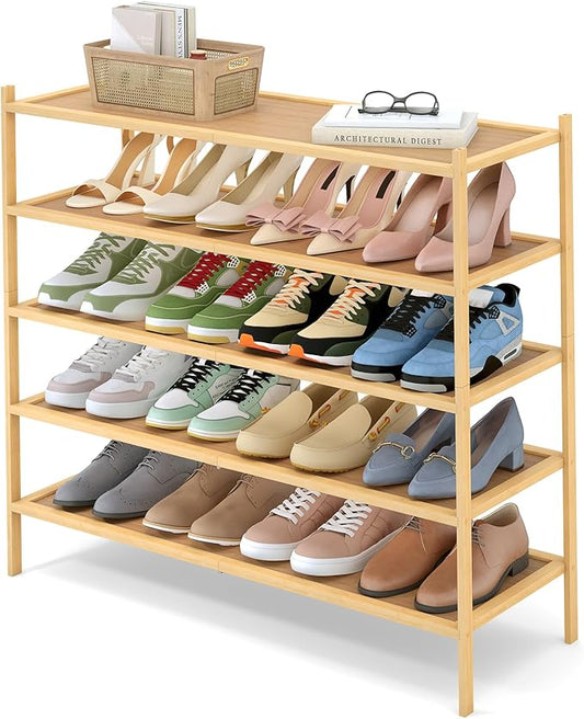 Smiry Bamboo Long Shoe Rack, 5 Tier Shoe Organizer for Entryway & Closet, Stackable Free Standing Storage Shelf for Shoes, Bags & Plants, Natural