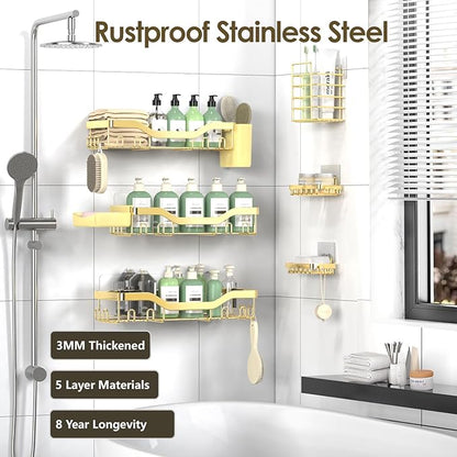 Shower Caddy Adhesive Shower Organizer 8-Pack, Rustproof Stainless Steel Bathroom Shelves, Large Capacity No-Drill Rack Storage Accessories with Soap Dish Toothbrush Holder Hooks