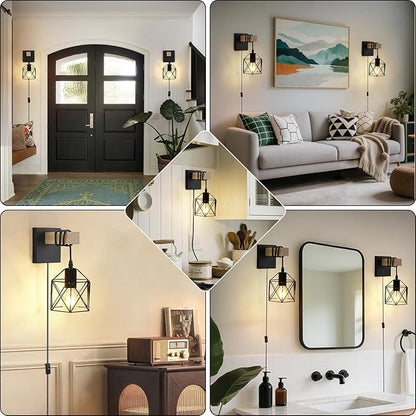 Lightess Plug in Wall Sconces Set of 2 with On/Off Switch, Industrial Wall Lights Metal Cage Lampshade, Black Farmhouse Wall Mounted Lamp for Bedroom Living Room