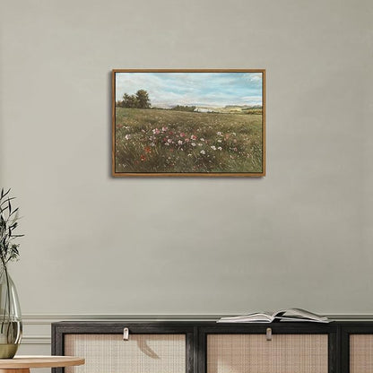 OIQArtOIQ Vintage Landscape Framed Wall Art Summer Countryside Wildflower Canvas Art Prints Farmhouse Cottagecore Pictures Wall Decor Rustic Meadow Paintings Artwork For Kitchen Bedroom Living Room