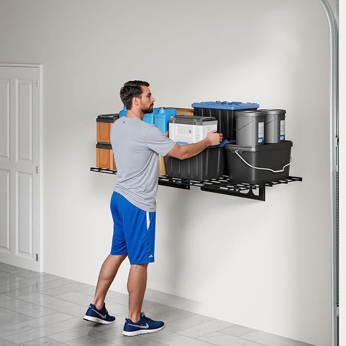 FLEXIMOUNTS 2x3ft Garage Shelving Wall-Mounted, 1-Pack Heavy-Duty Wall Shelving, Holds Up to 200 lbs, Garage Storage Rack for Organization & Storage Bins, Black, Classic Series