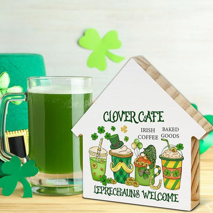 Coffee Sign Decor, St. Patrick's Day Kitchen Decor, Clover Cafe House Shaped Wood Block Sign, Home Coffee Bar Decorations for Desk Table Shelf, St Patricks Day Decorations