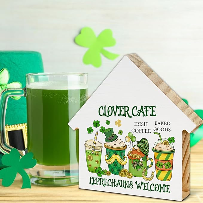 Coffee Sign Decor, St. Patrick's Day Kitchen Decor, Clover Cafe House Shaped Wood Block Sign, Home Coffee Bar Decorations for Desk Table Shelf, St Patricks Day Decorations