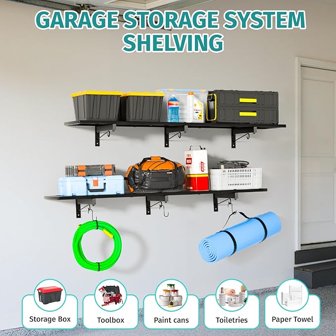 2 Pack Garage Wall Shelving, 46'' x 12.6'' Garage Shelf Wall Mounted, Heavy Duty Storage Shelves 360 LBS Capacity, Floating Storage Rack with 8 Hooks, Metal Shelf Organizer for Basement, Workshop