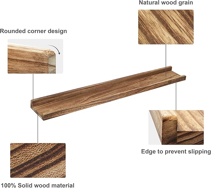 PHOENANCEE Long Floating Shelves 36 Inches Set of 4,Wood Picture Shelf for Wall with Ledge,Photo Frames Display Rustic for Living Room Bedroom Kids Nursery,Home Decor(Carbonized Black,36
