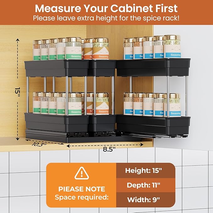 Pull Out Spice Rack Organizer for Cabinet, Slide Out Spice Racks Organizer, Easy to Install Spice Cabinet Organizers, 2.3''Wx10.66''Dx8.11''H, 3 Packs - 2 Tiers (Black)