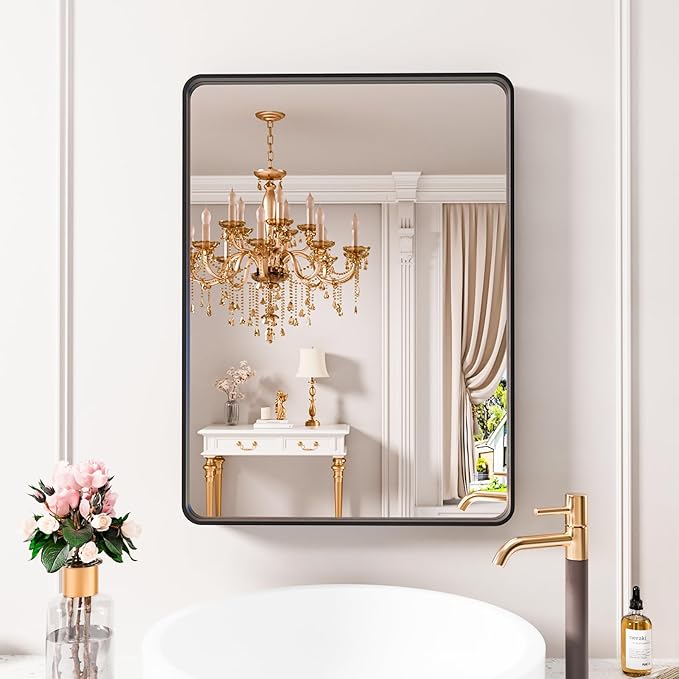 Black Bathroom Mirror 21X30 Inch, Black Metal Framed Mirror for Wall, Rounded Rectangle Matte Bathroom Vanity Mirror with Tempered Glass, Anti-Rust, Horizontal/Vertical