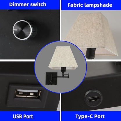 13" Modern Swing Arm Wall Lamp Plug in Wall Sconce with USB and Type-C Port Wall Mounted Lamp with Dimmable Switch Black Wall Sconce Beige Fabric Shade Suitable for Hallway Bedroom Living Room